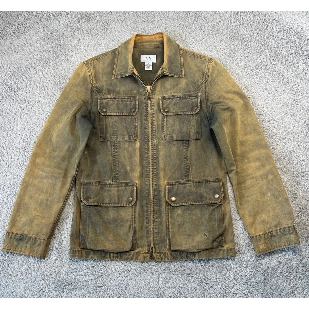 Armani Exchange Mens S Coated Cotton Field‎ Jacket Distressed Olive Patina Faded